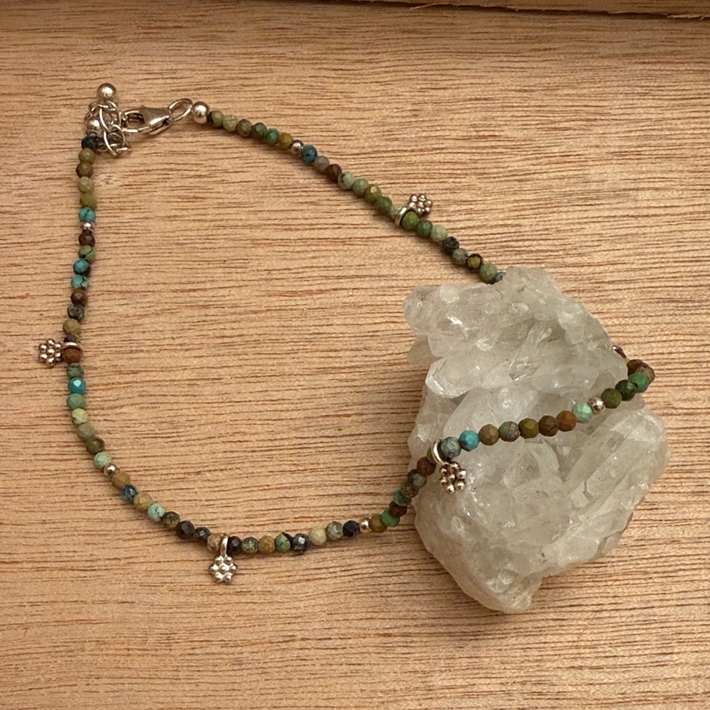 Dainty Boho Turquoise Beaded Ankle Bracelet with Silver Flower Accents